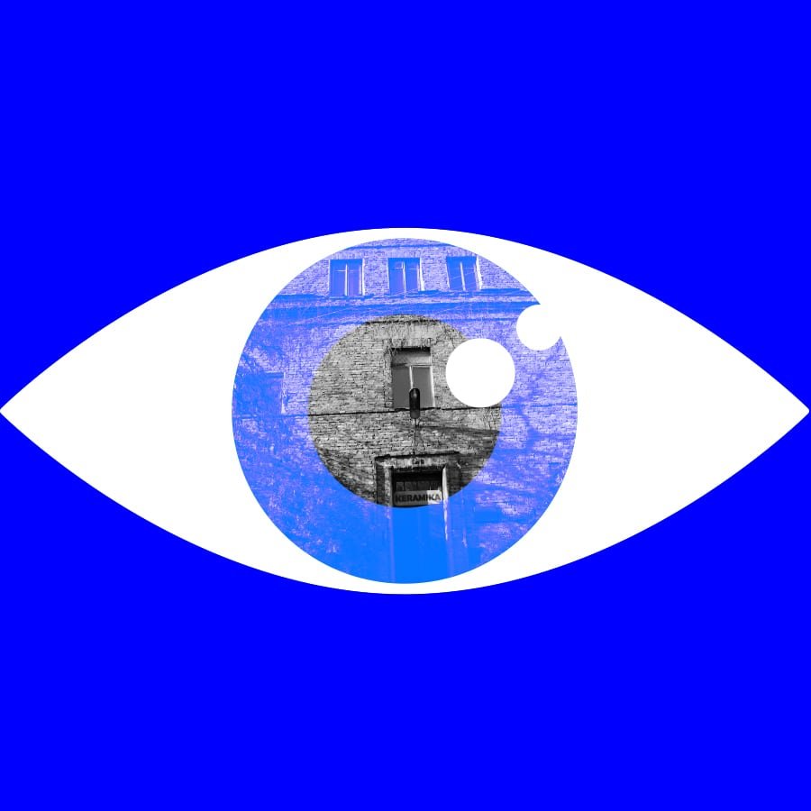 Graphic illustration of a large white eye with a building reflected in the iris, created for a community art exhibition on a vivid blue background.