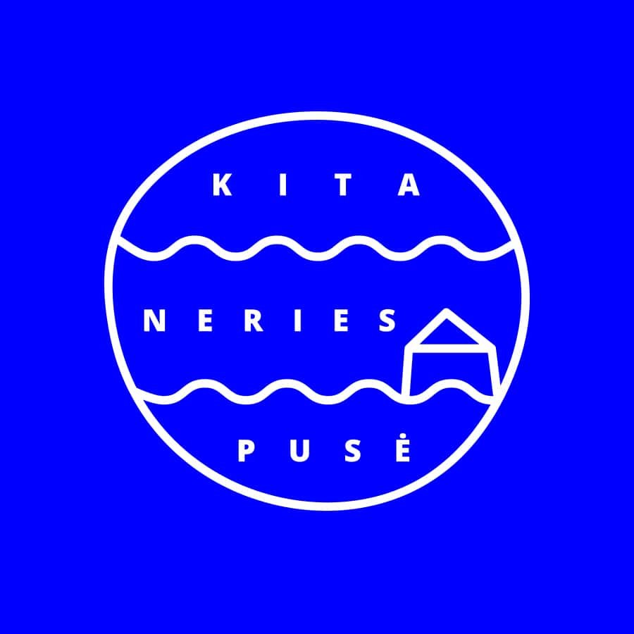 Minimal white logo for an artist studio featuring wavy water lines, a small house shape, and the text “Kita Neries pusė” on a vivid blue background.