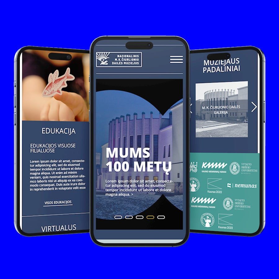 Three smartphones displaying the Čiurlionis Museum mobile website, featuring exhibition, education, and museum section pages on a vivid blue background.