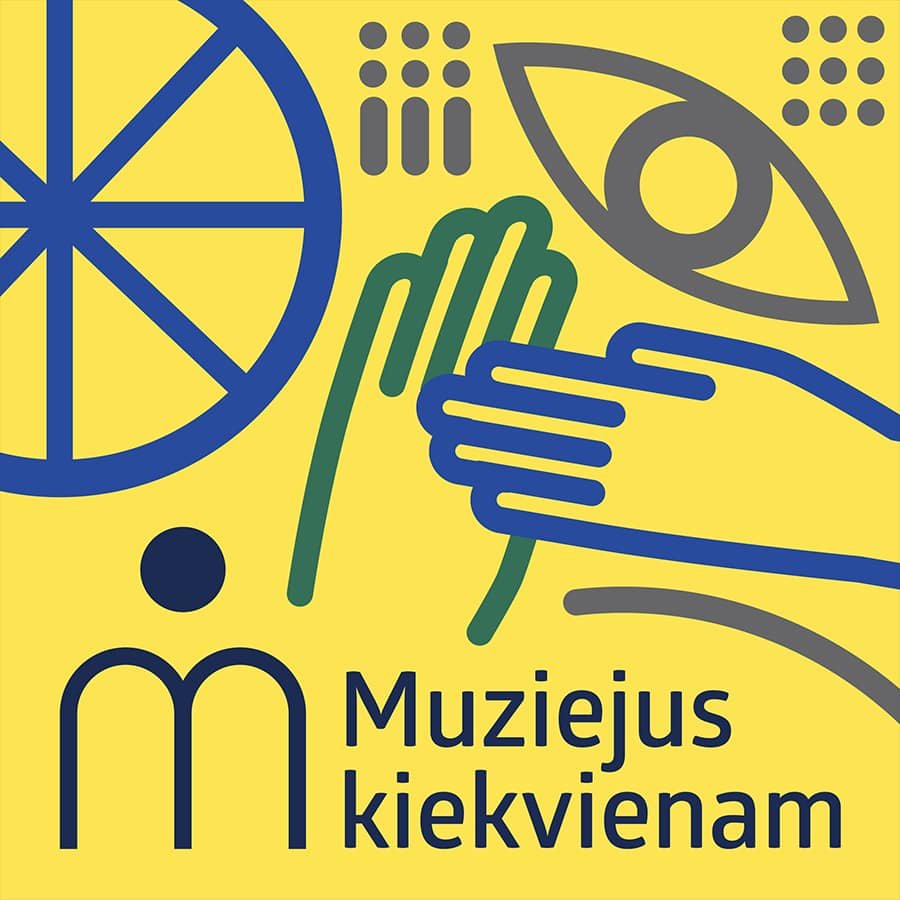 Bright yellow graphic for the “Museum for All” project featuring abstract line illustrations of a hand, eye, human figure, and accessibility-inspired symbols.