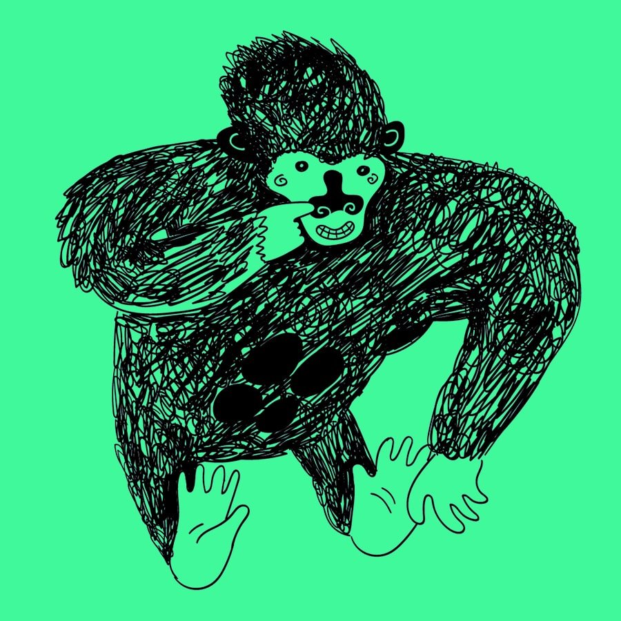 Playful hand-drawn illustration of a shaggy black gorilla with a smiling face, shown against a bright green background.