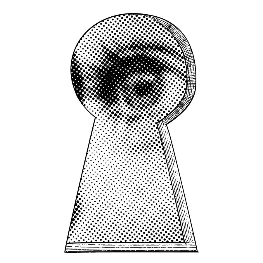 Black-and-white illustration of a face peeking through a large keyhole, drawn with dense halftone dots and vintage print textures.