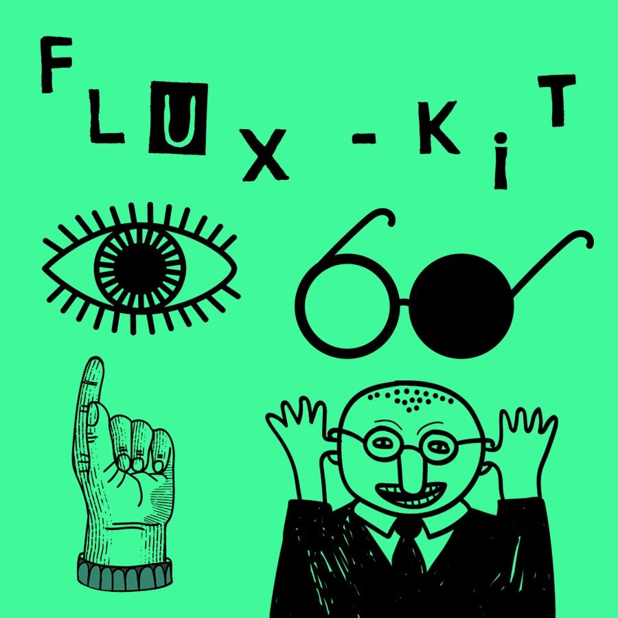 Playful black illustrations and symbols for the Čiurlionis Museum Flux-kit box, including an eye, glasses, a pointing hand, and a cheerful character on a bright green background.