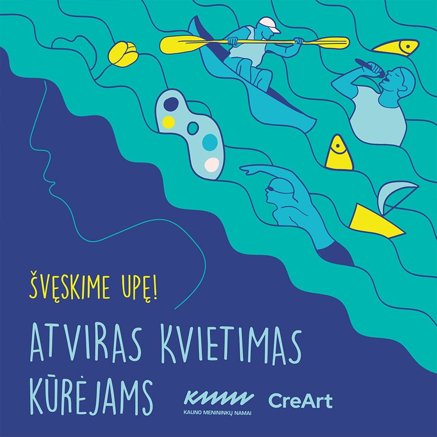 Colorful social advertisement for “Celebrate the River” featuring stylized swimmers, kayakers, and river-inspired illustrations with Lithuanian event text.