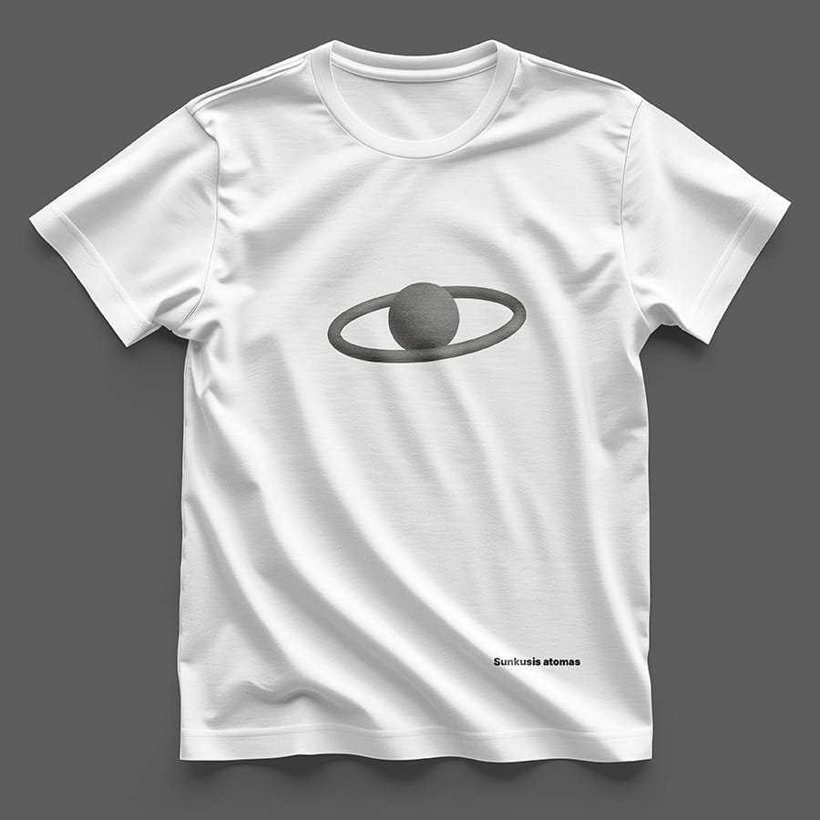 White T-shirt featuring a minimalist gray planet graphic with rings and the small text “Sunkusis atomas” on a dark gray background.