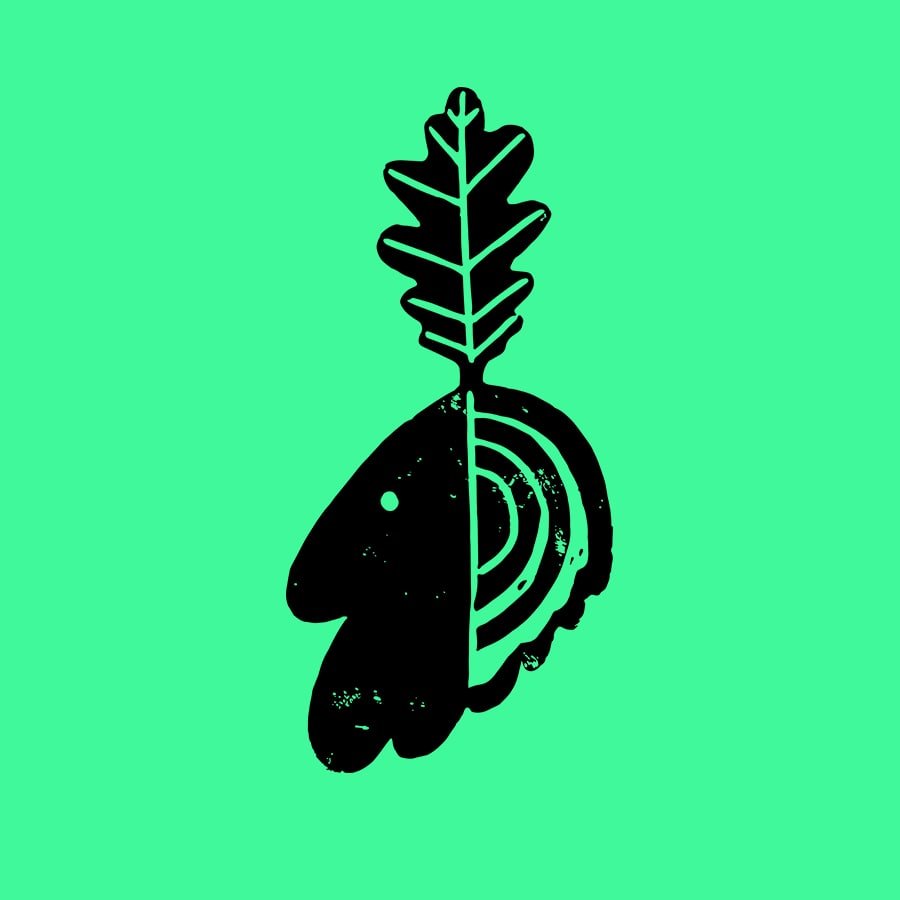 Minimal black woodworker logo combining an oak leaf and a cut tree trunk shape on a bright green background.