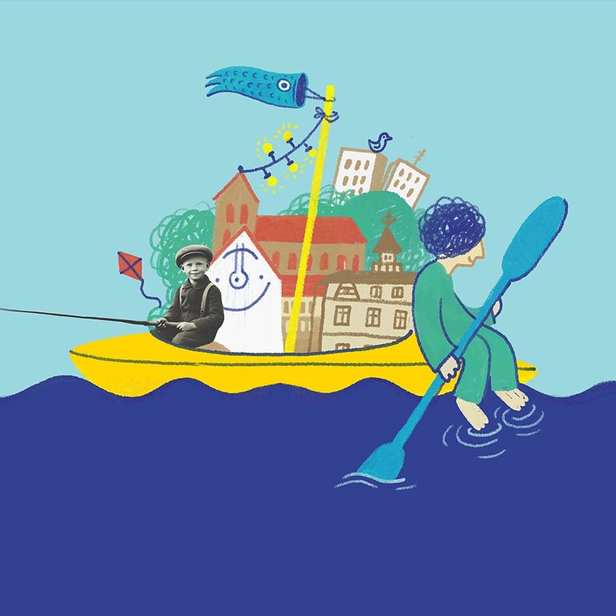 Playful illustration of a person paddling a yellow boat filled with houses, trees, and a child fishing, created for the event “Celebrate the River.”