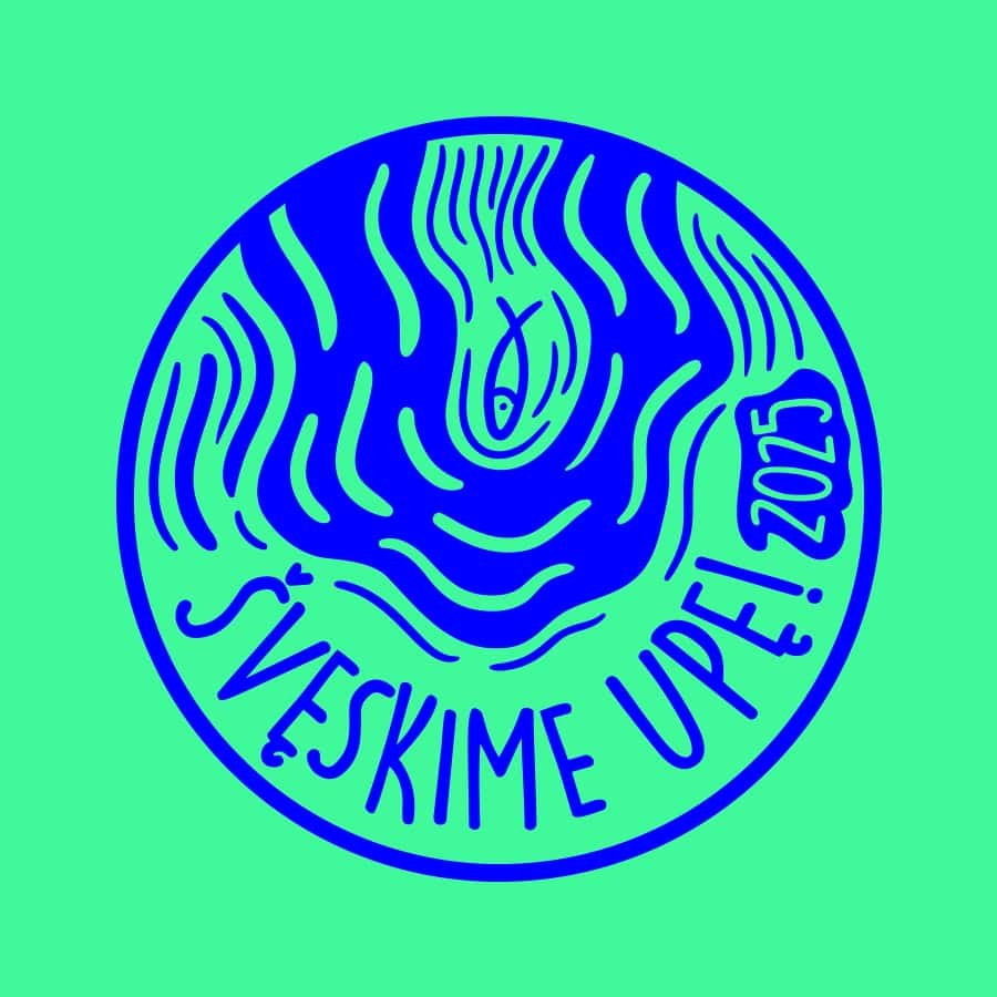 Circular blue and green event logo with stylized woodgrain lines, a small fish symbol, and the Lithuanian text “Švęskime upę! 2025.”