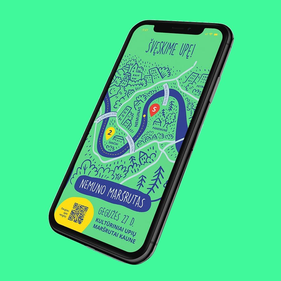Smartphone displaying a playful illustrated river route map for the event “Švęskime upę!” on a bright green background.