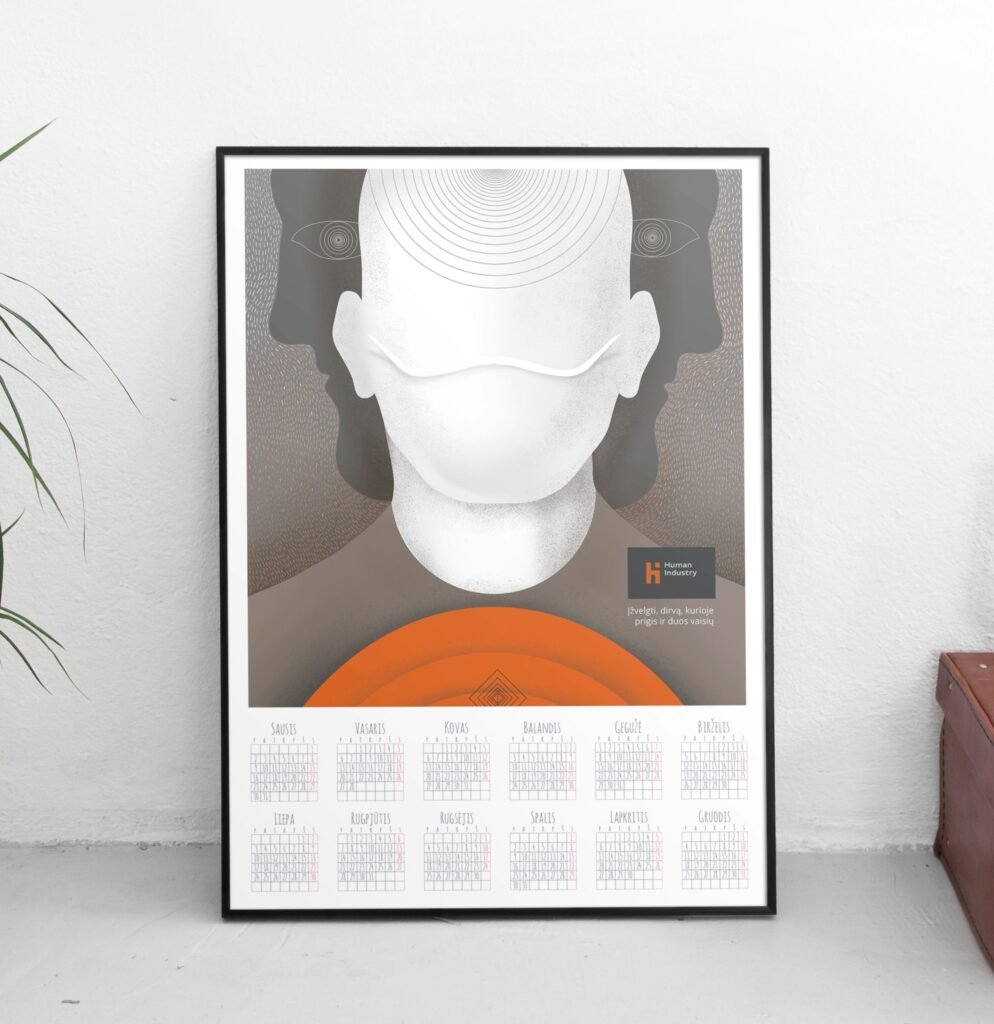A framed Human Industry wall calendar displayed against a white wall. The upper half features a grey and orange illustration of a central face framed by two profiles, concentric circles, and geometric forms. Below the artwork is a twelve-month calendar grid with Lithuanian month names. The poster text translates to: “Human Industry. To see the soil where it will take root and bear fruit.”