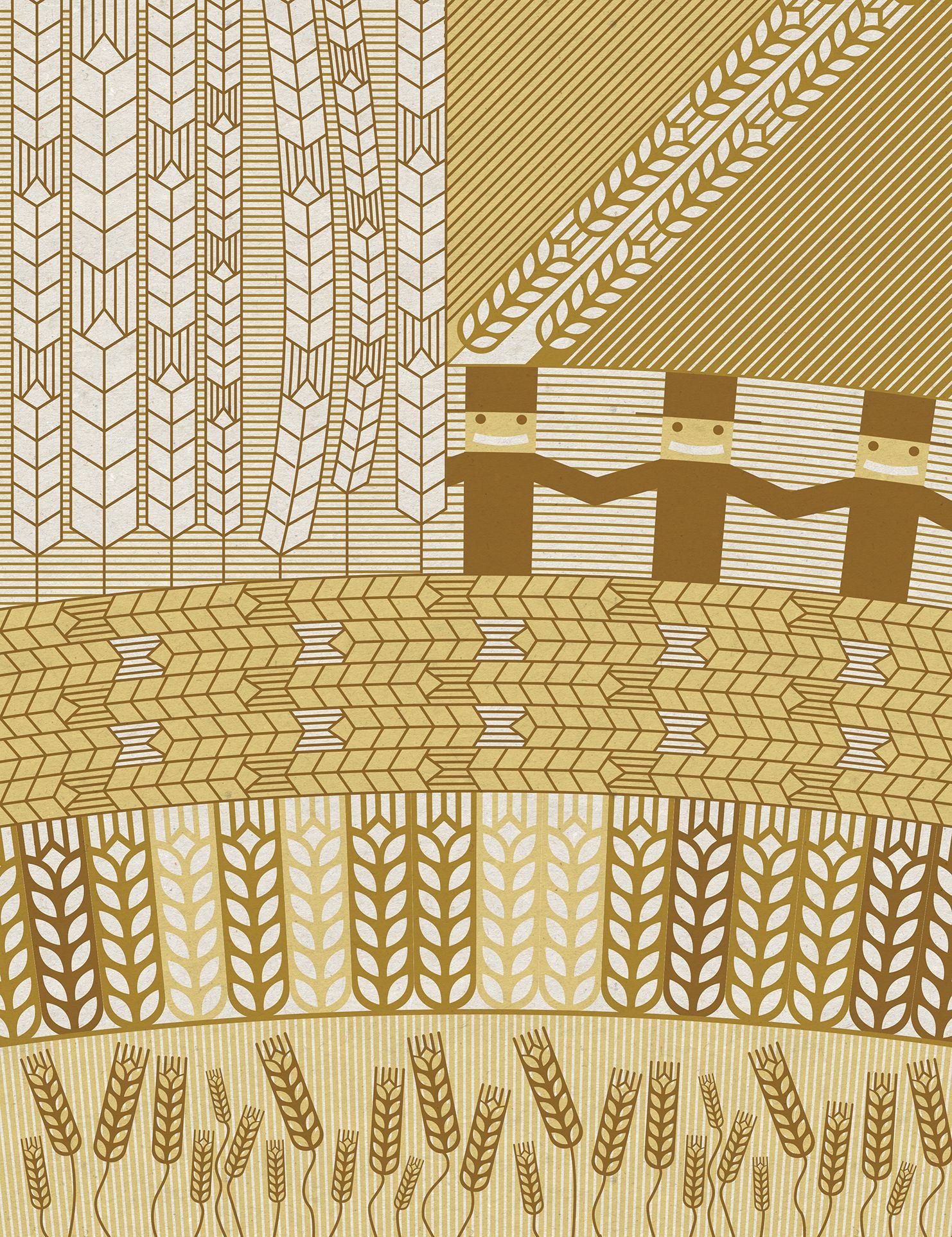Gold-and-cream illustration combining dense wheat patterns with three smiling figures holding hands, arranged in layered geometric bands.