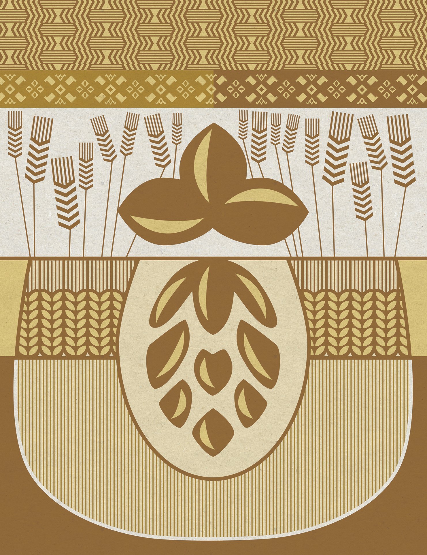 Gold-and-cream illustration featuring a large hop cone and hop leaves, framed by tall grain stalks and repeating folk-inspired patterns.