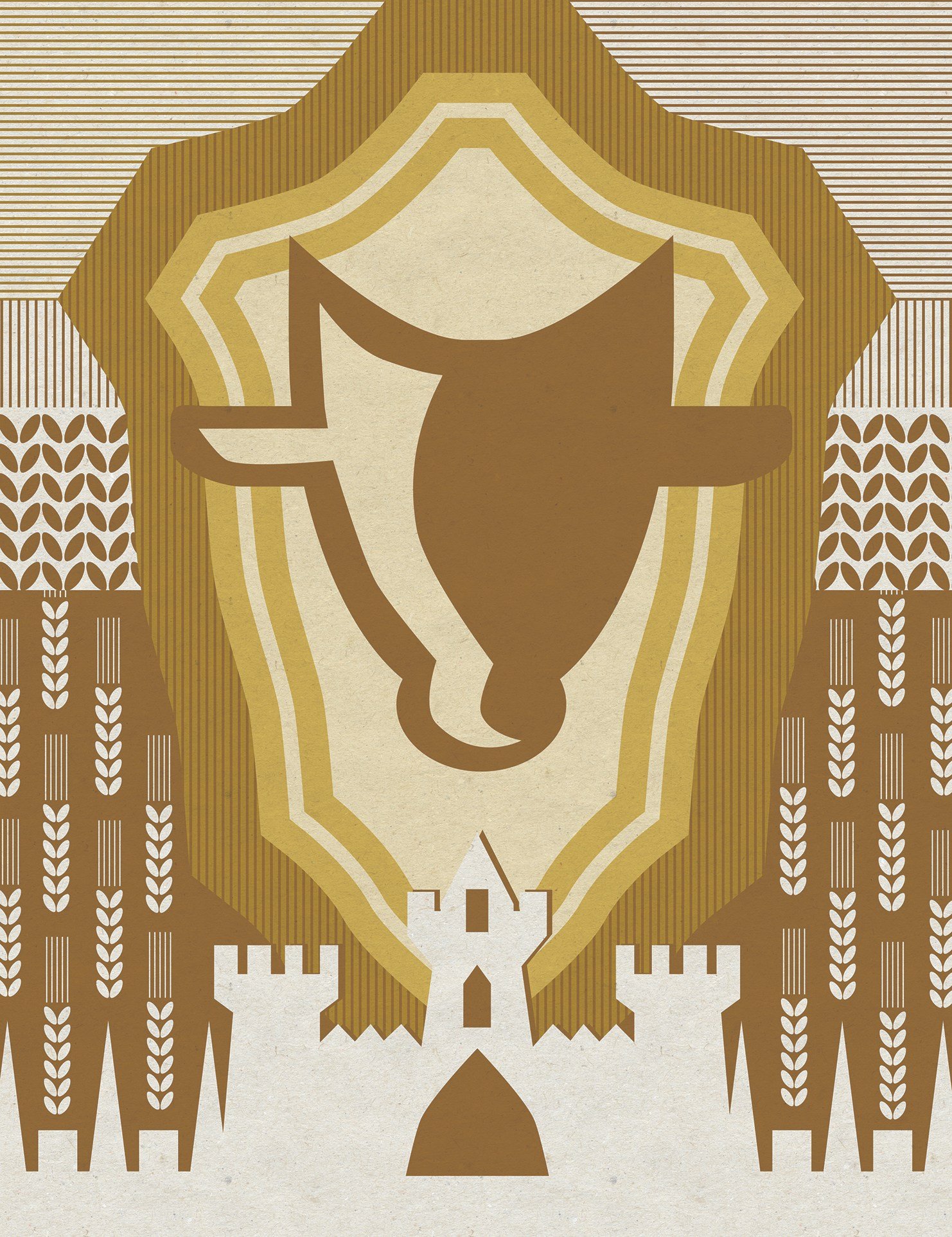 Gold-and-cream illustration of a bull’s head above a stylized white castle, framed by repeating wheat and grain motifs.