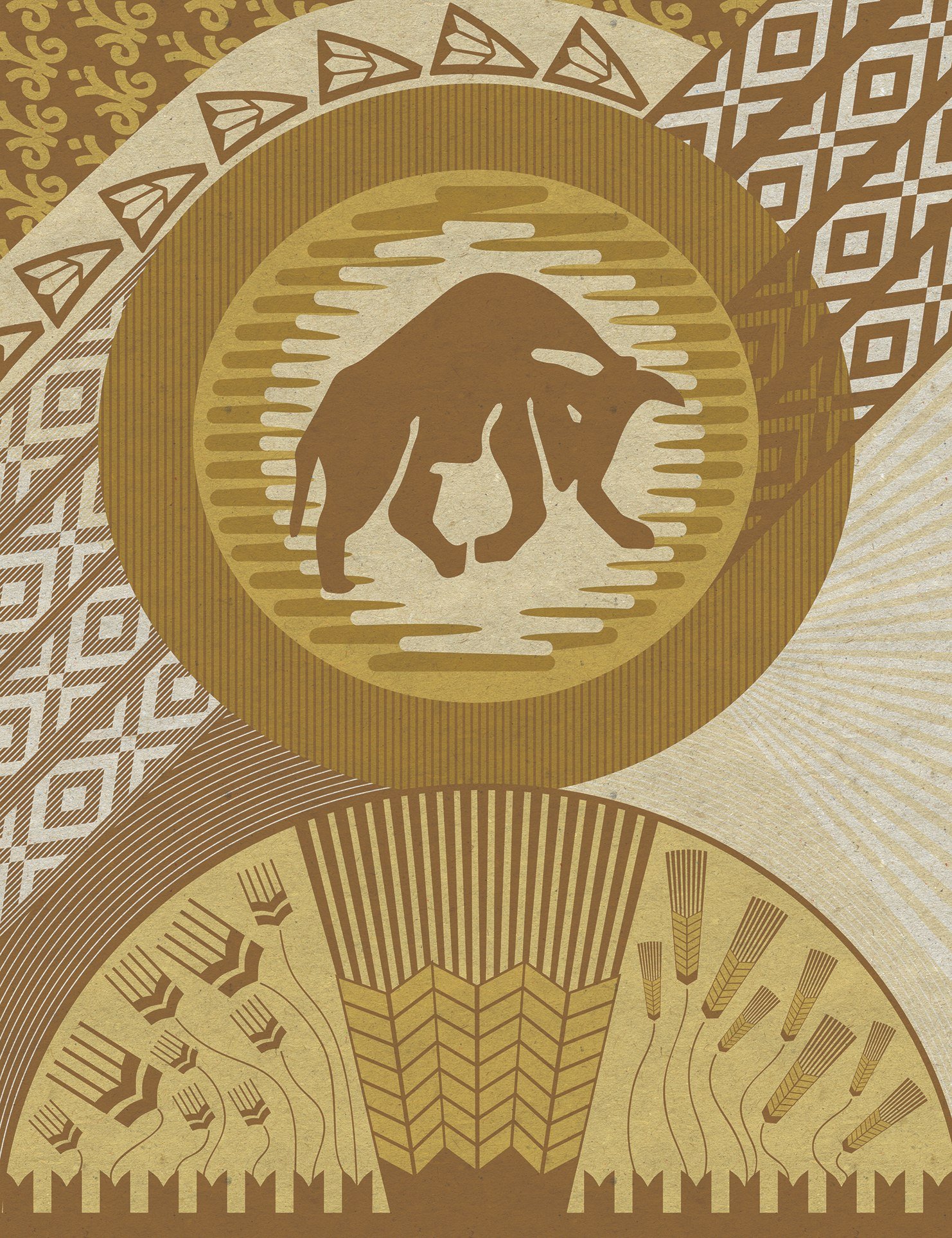 Gold-and-cream illustration featuring a bear inside a circular medallion, surrounded by geometric folk patterns and stylized fields of grain.