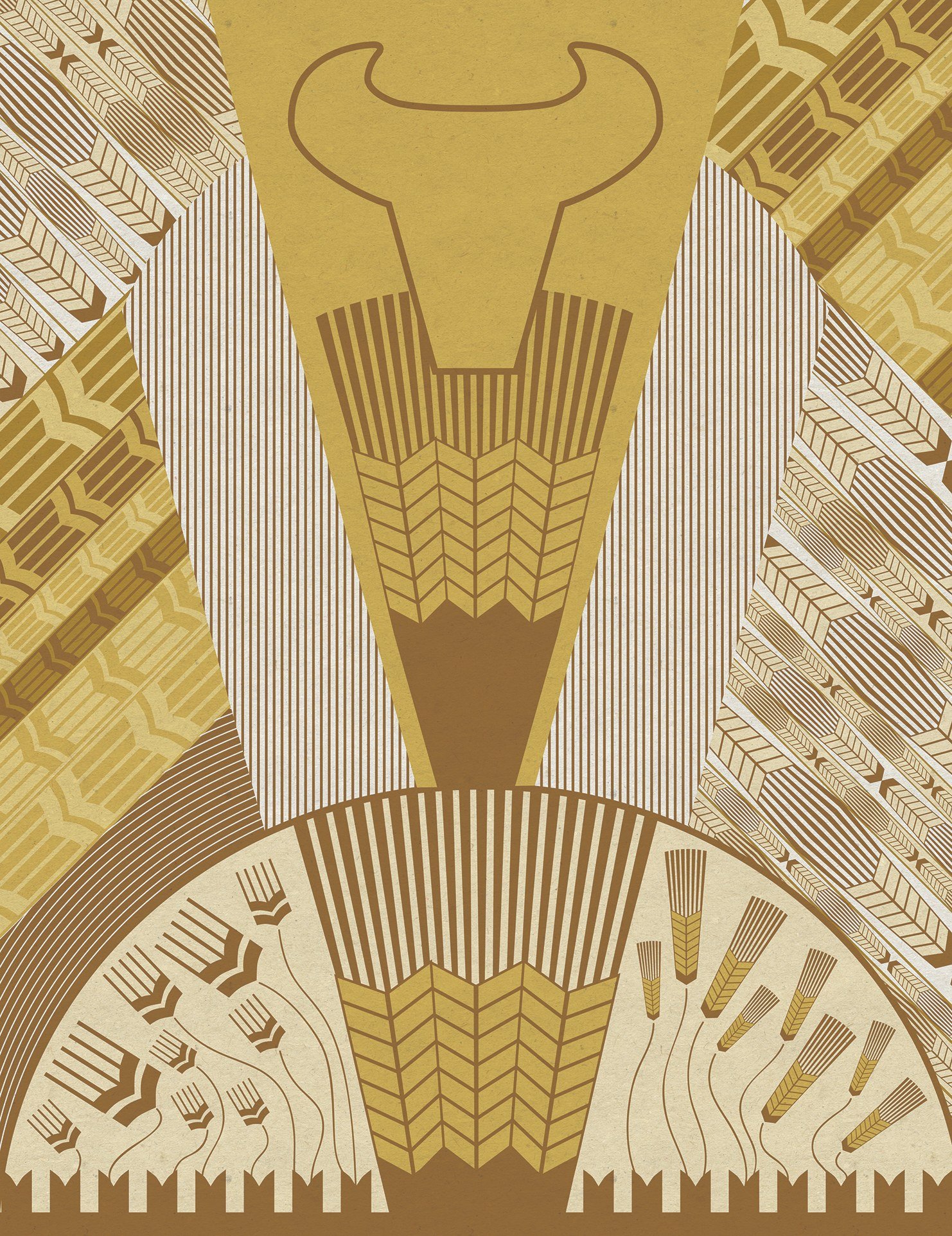 Gold-and-cream illustration dominated by a large bull’s head, with geometric wheat fields and repeating grain patterns arranged around it.
