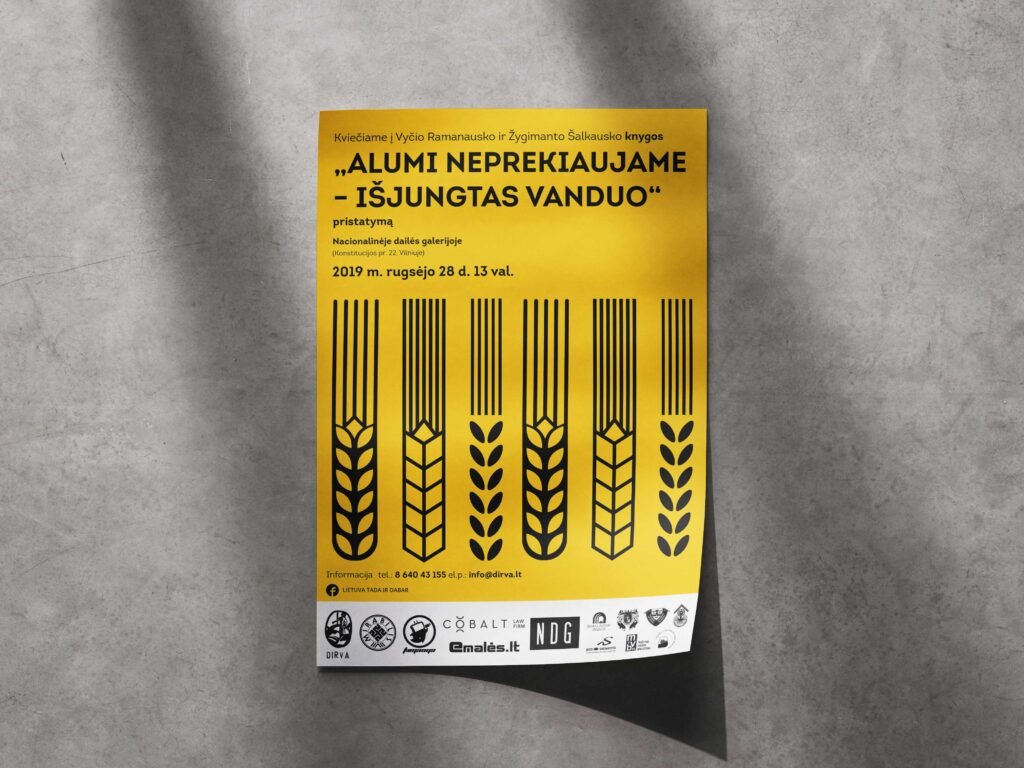 A yellow poster for the book “No Beer for Sale — The Water’s Been Cut Off” features bold black grain illustrations and announces its presentation at the National Gallery of Art on September 28, 2019.