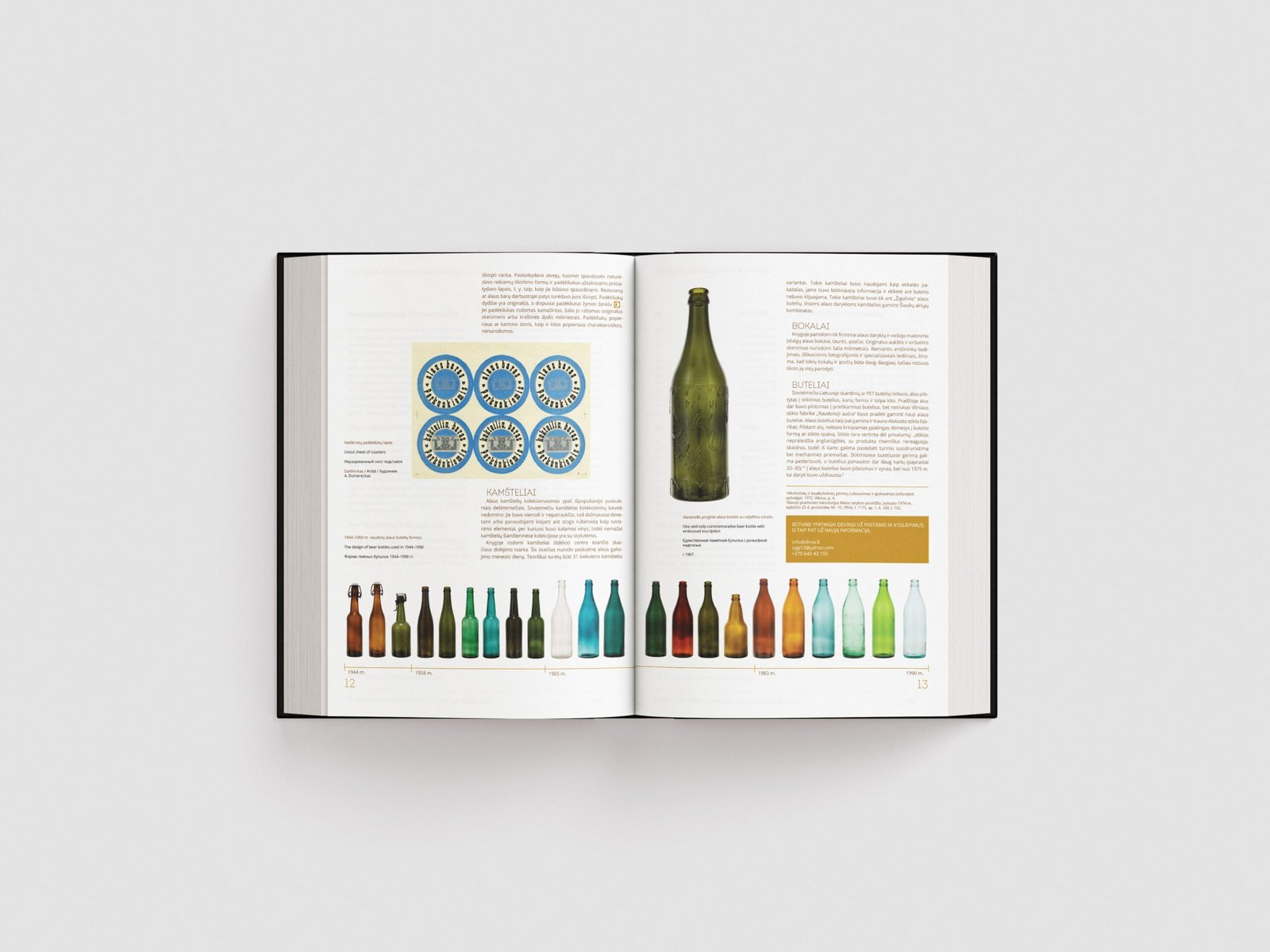 An open book spread presents the history of beer bottles, with vintage labels, a large green bottle, and a colorful timeline of bottle designs.