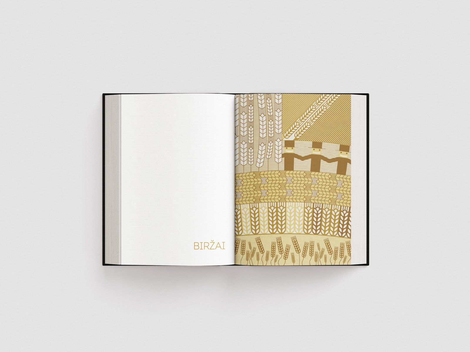 An open book displays a chapter divider for Biržai, with a playful gold illustration made from repeating grain, wheat, and geometric patterns.