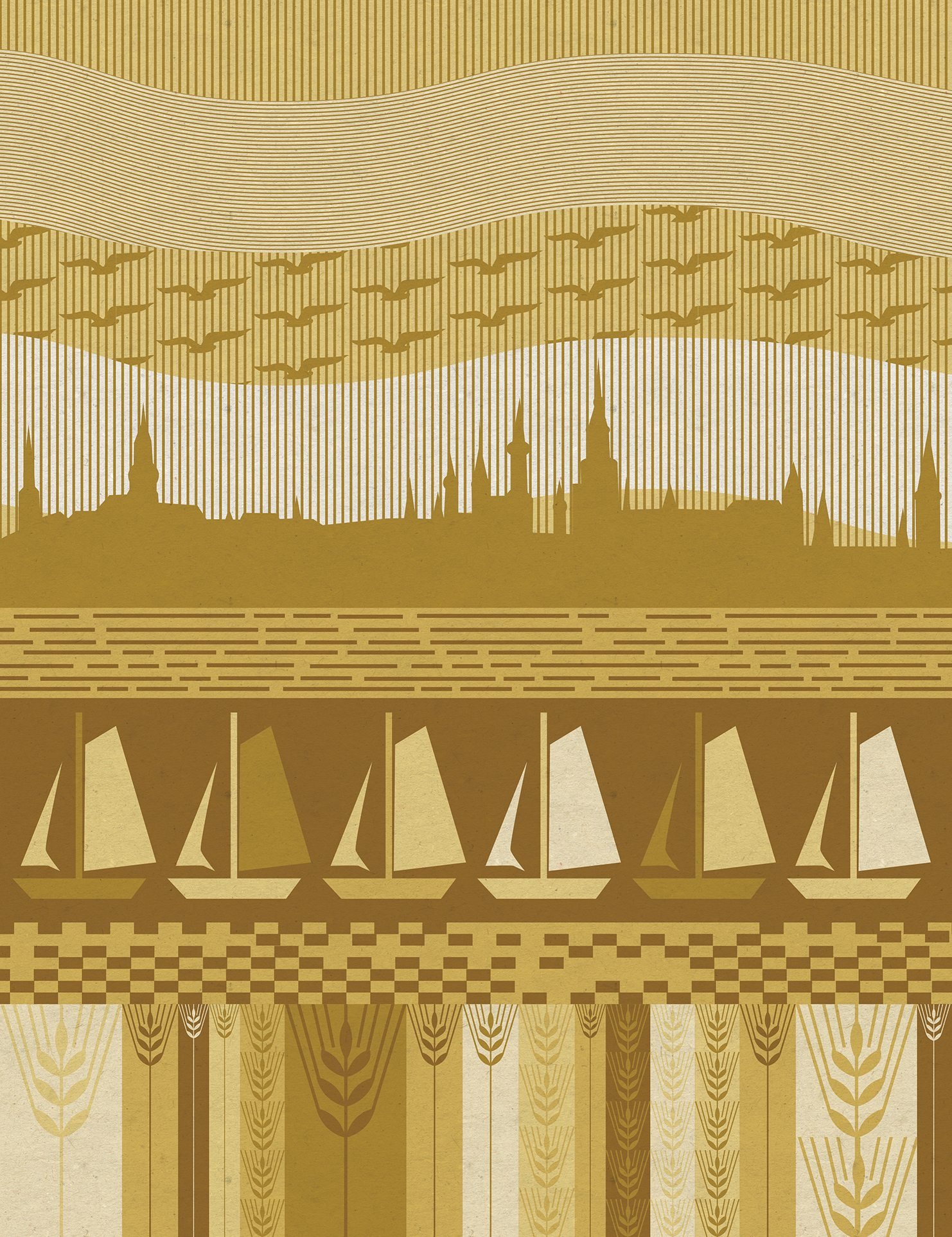 Gold-and-cream illustration of a town skyline beside water, with sailboats, flying birds, flowing lines, and fields of grain.