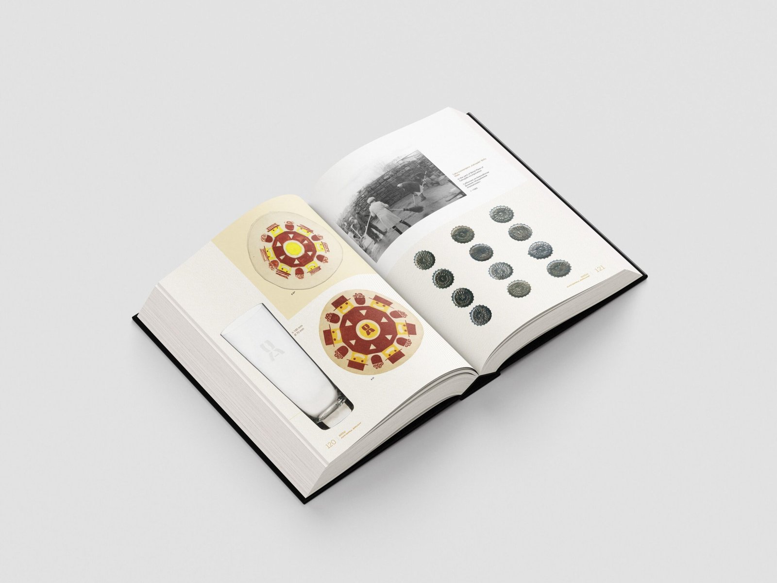An open book spread displays decorative beer mats, a tall beer glass, historic bottle caps, and a black-and-white photograph from a brewery.
