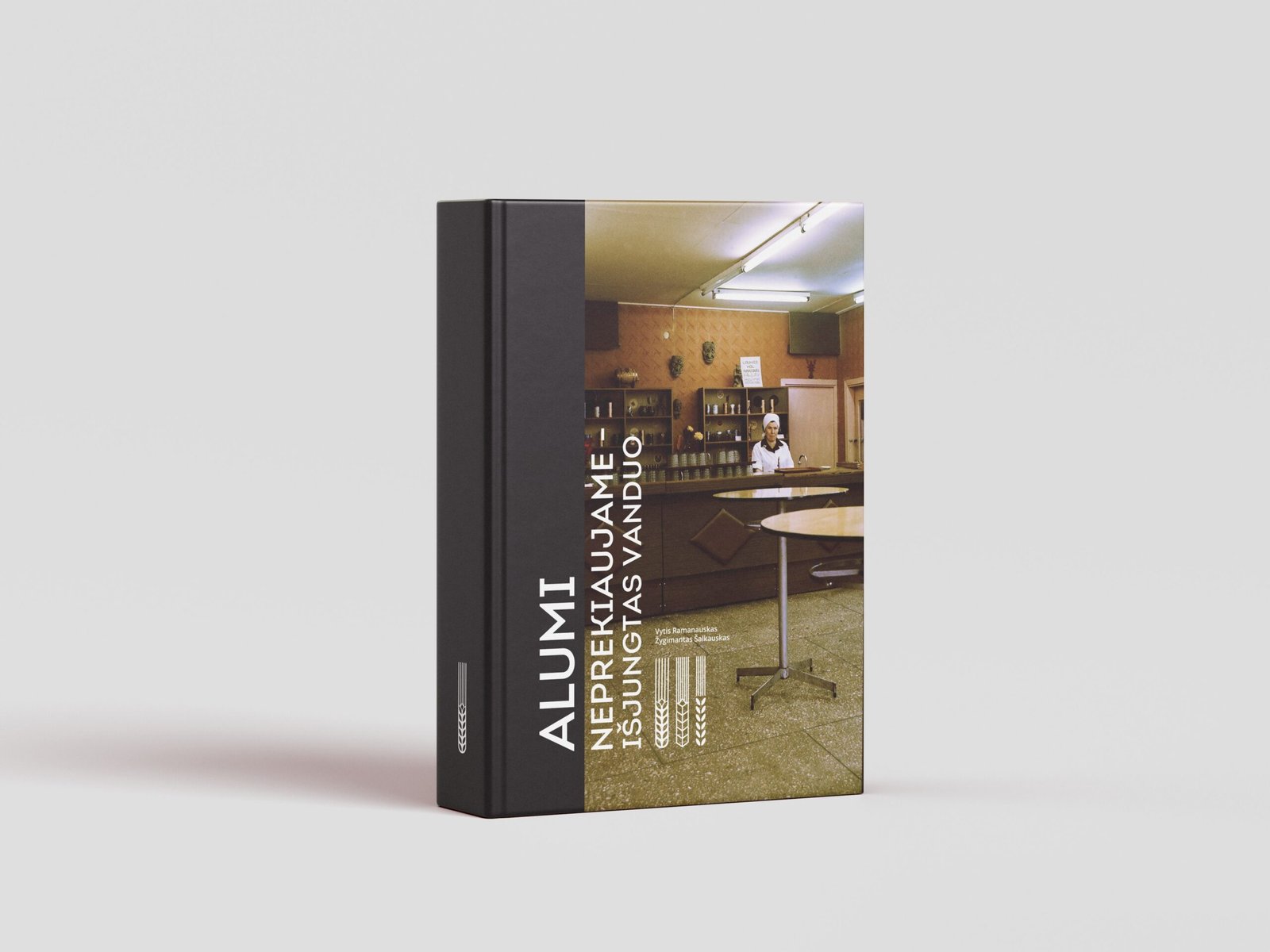 The hardcover book “No Beer for Sale — The Water’s Been Cut Off” stands upright, its cover featuring a vintage photograph of a bar interior and a woman behind the counter.