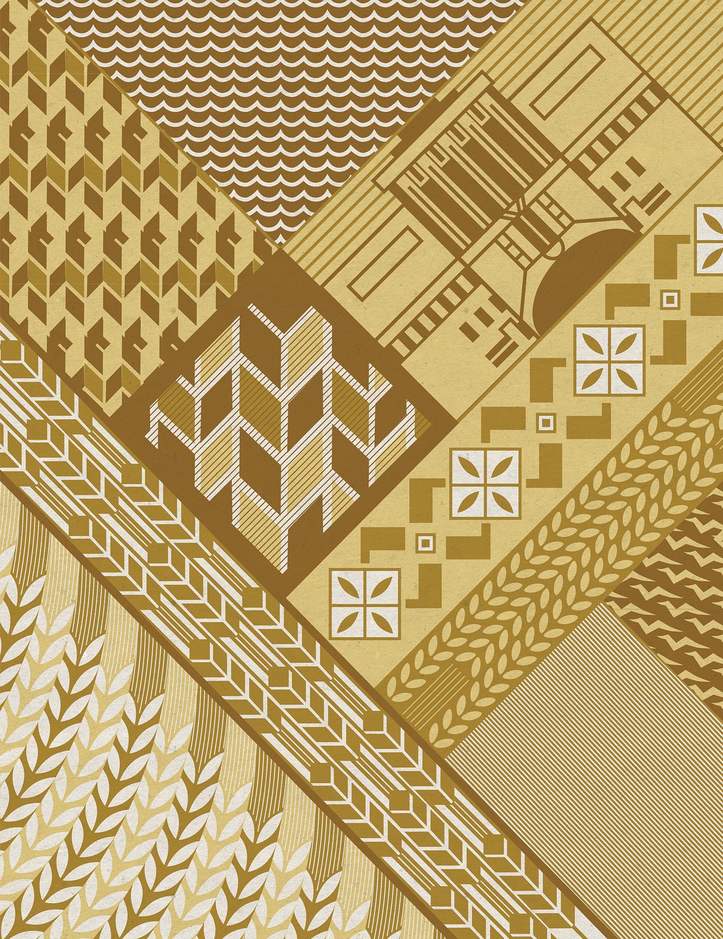 Geometric gold-and-cream town illustration combining stylized buildings, waves, wheat, floral motifs, and traditional textile-like patterns.