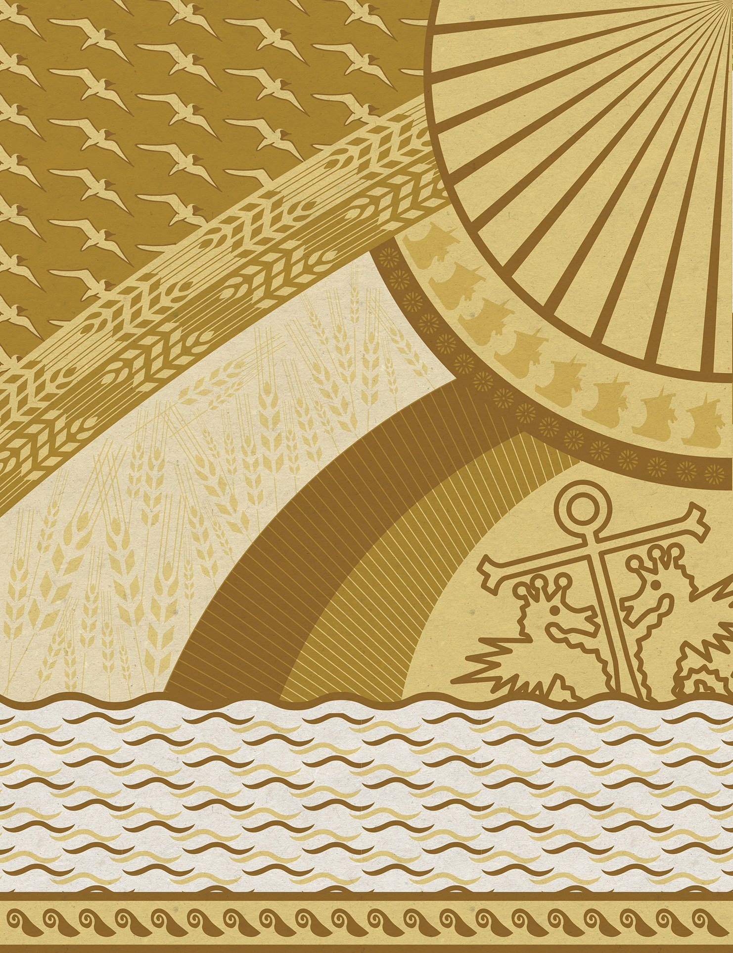 Gold-and-cream illustration with waves, wheat fields, flying birds, a large sun, and a heraldic anchor flanked by animal figures.