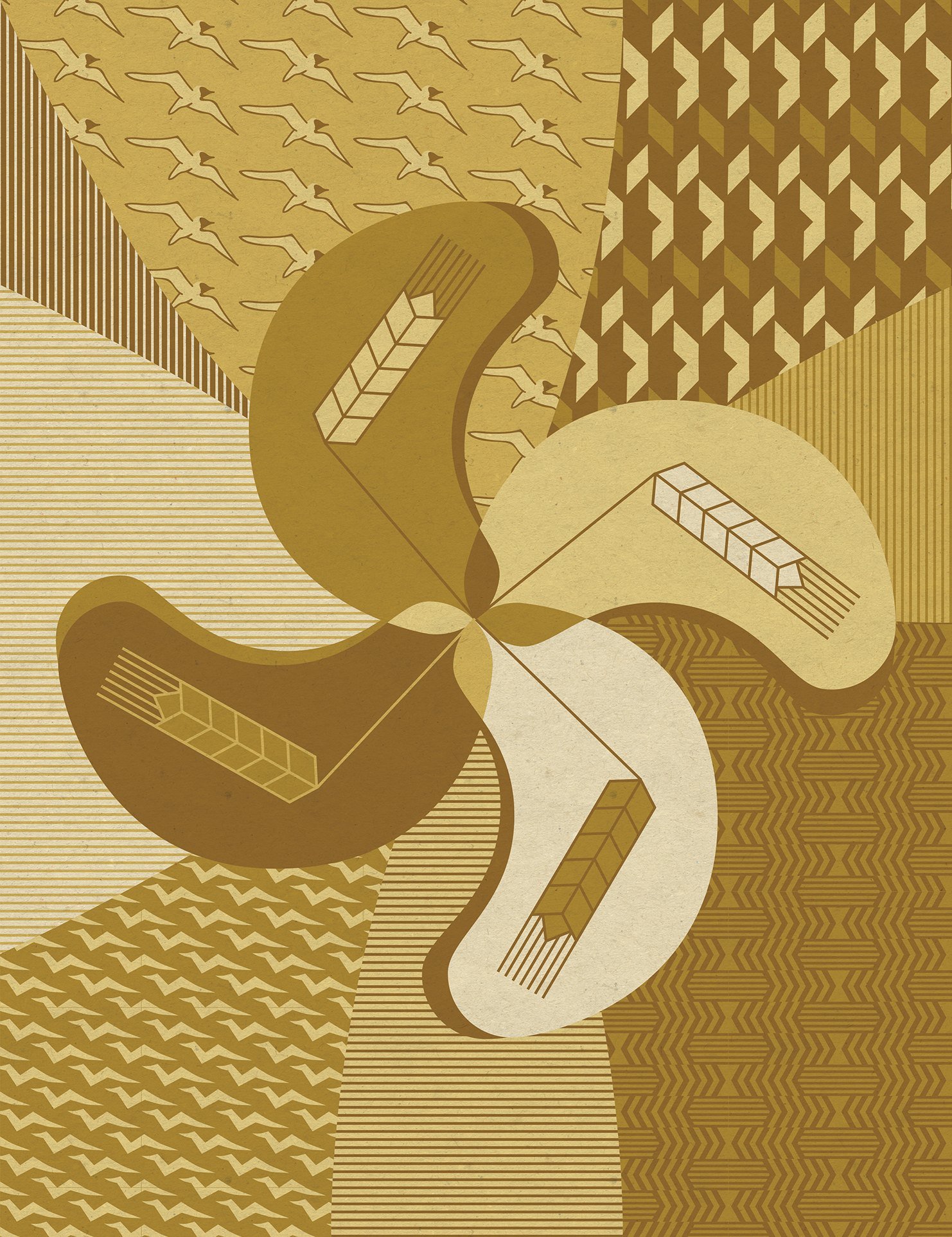 Abstract gold-and-cream illustration with four swirling shapes containing stylized grain ears, surrounded by birds and geometric patterns.