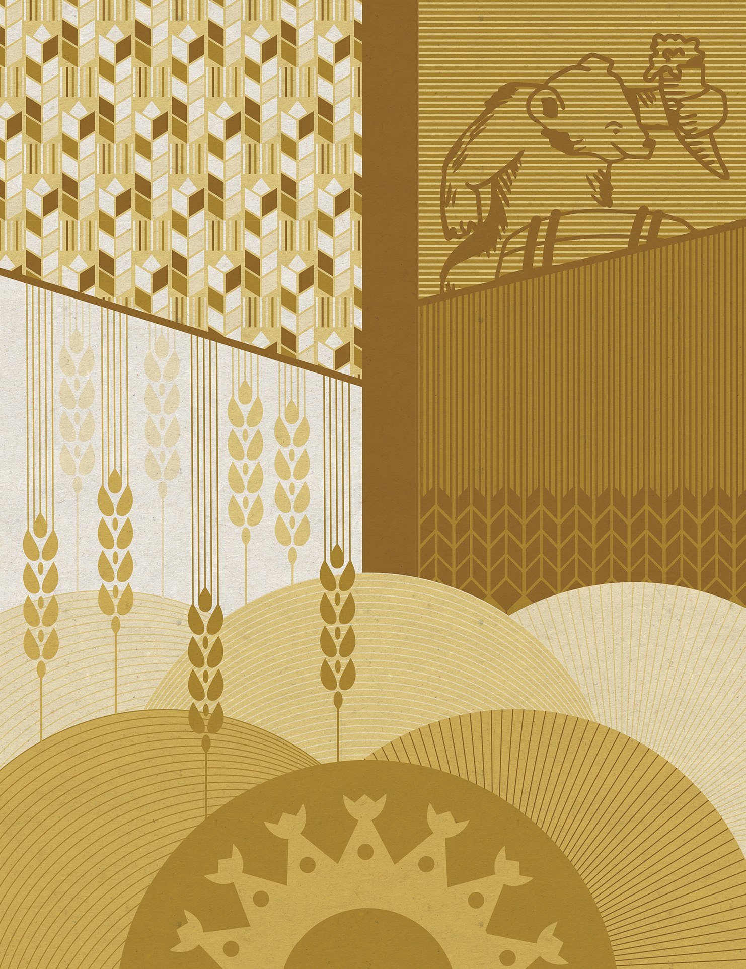 Gold-and-cream illustration of rolling fields and wheat, with a small figure drinking from a mug in the upper corner and a circular folk motif below.