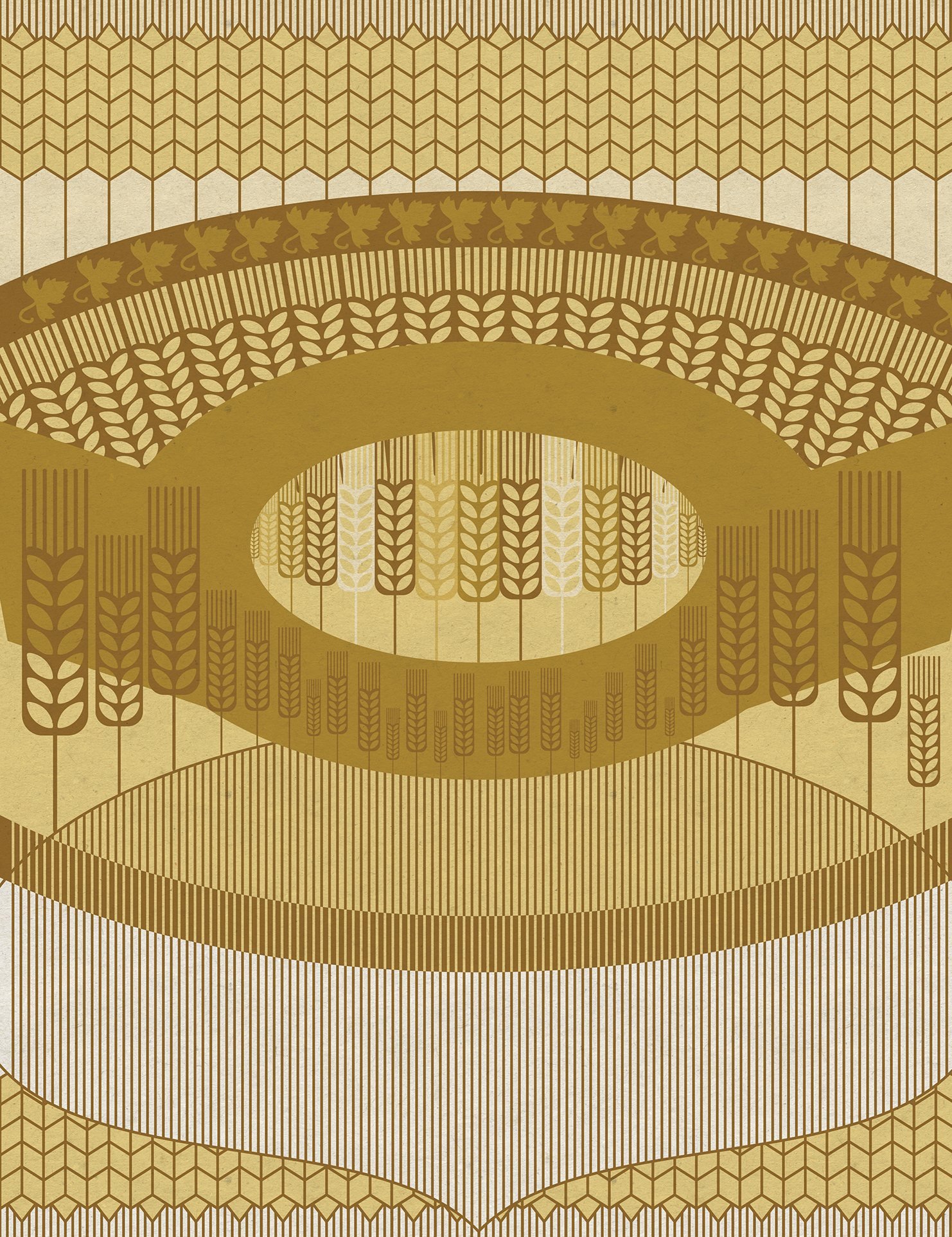 Symmetrical gold-and-cream illustration of layered fields filled with stylized wheat, framed by repeating grain and plant patterns.