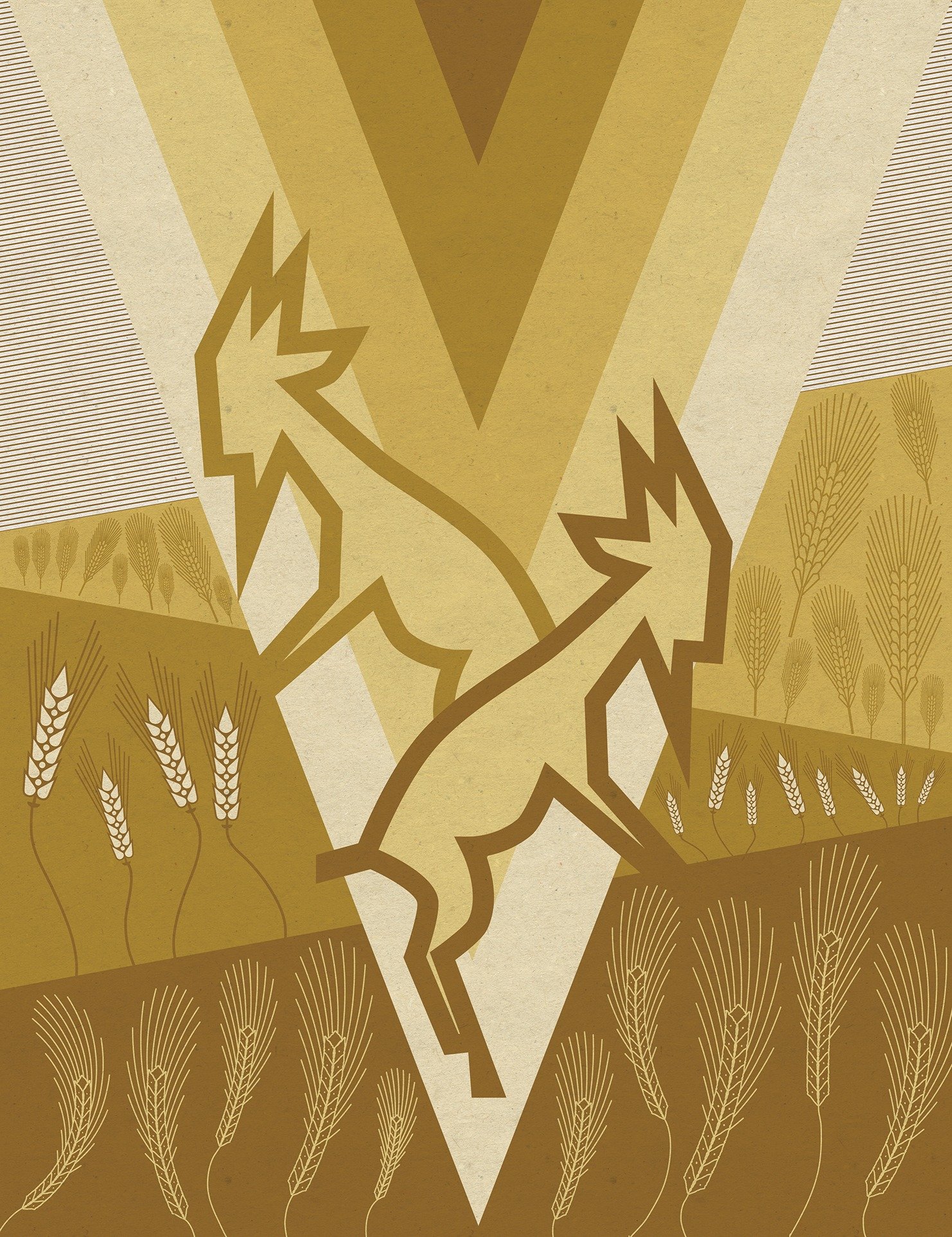 Gold-and-cream illustration of two angular horses facing each other among patterned fields of wheat, with bold rays rising behind them.