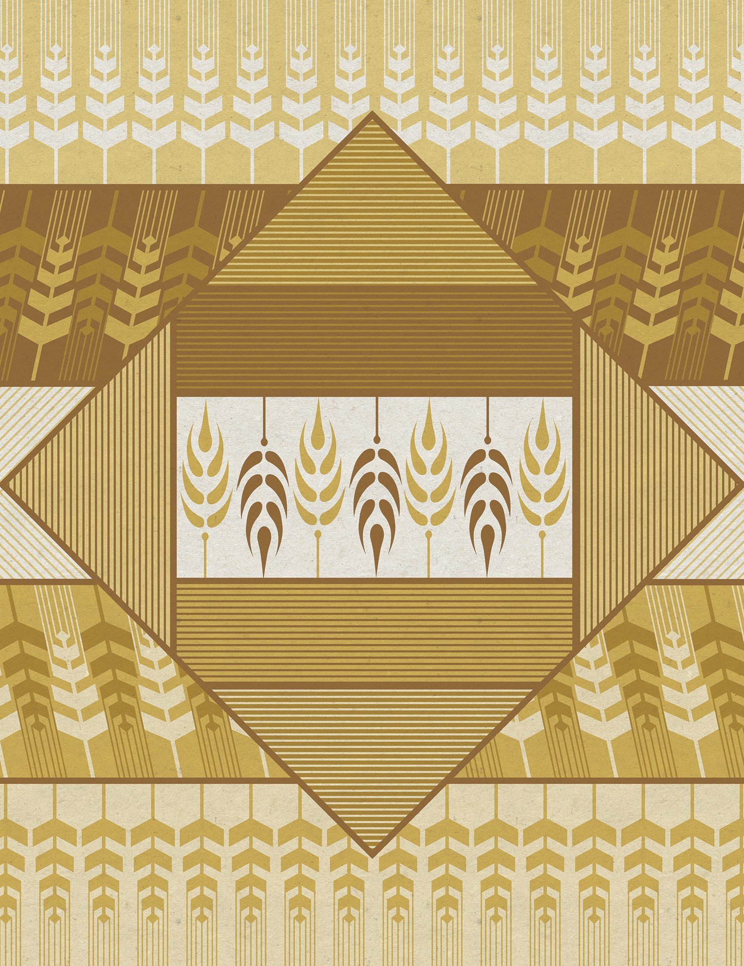 Symmetrical gold-and-cream illustration centered on a geometric grain motif, surrounded by repeating stylized wheat patterns.