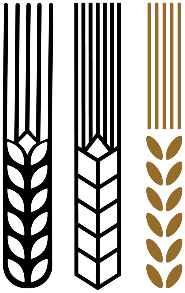 Three stylized grain symbols in black and golden brown, combining long parallel lines with geometric wheat and leaf shapes.