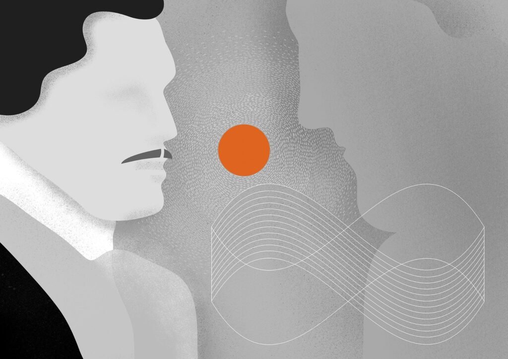 A stylized Human Industry illustration of two abstract human profiles facing each other in soft grey tones. A vivid orange circle floats between them, surrounded by fine white marks, while flowing parallel lines weave across the lower half of the image. The composition suggests communication, awareness, and change. Poster text: “Human Industry. To sense the winds of change.”