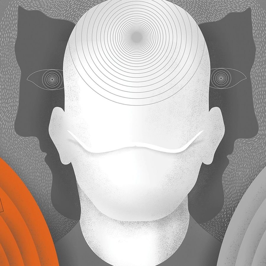 A stylized Human Industry illustration of a central white face framed by two dark profiles, with concentric circles suggesting focus and observation. Bold orange and grey shapes add contrast to the monochrome composition.