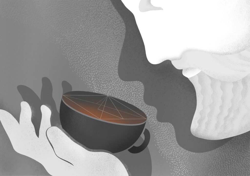 A vertical illustration of a person leaning toward a steaming cup of tea held gently in one hand. Delicate white marks form a flowing trail of steam, with geometric lines crossing the tea’s surface. The composition uses soft blue-grey tones with subtle green accents. Poster text: “Human Industry. To taste the tea of wisdom.”
