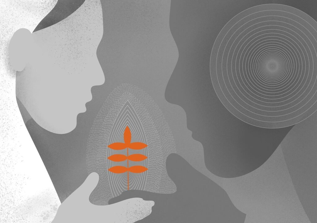 A stylized Human Industry illustration of two abstract human profiles facing each other in muted grey-green tones. Between them, an open hand holds a small green plant, surrounded by delicate leaf-shaped lines and fine textured marks that suggest growth and emerging possibilities. Concentric circles add a sense of focus and connection. Poster text: “Human Industry. In silence, to hear emerging desires and possibilities.”