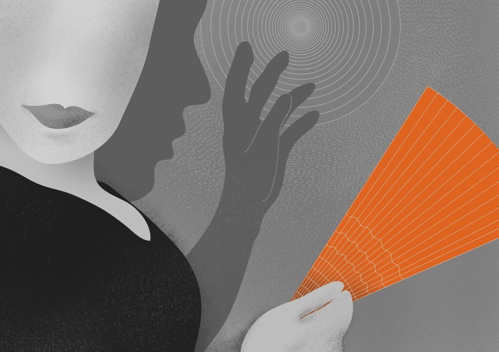 A stylized Human Industry illustration of a person reaching toward a bright orange fan of fine geometric lines. A raised dark hand, concentric circles, and delicate textured patterns create a sense of movement and curiosity. The vivid orange shape provides a playful contrast to the otherwise soft grey and black composition.