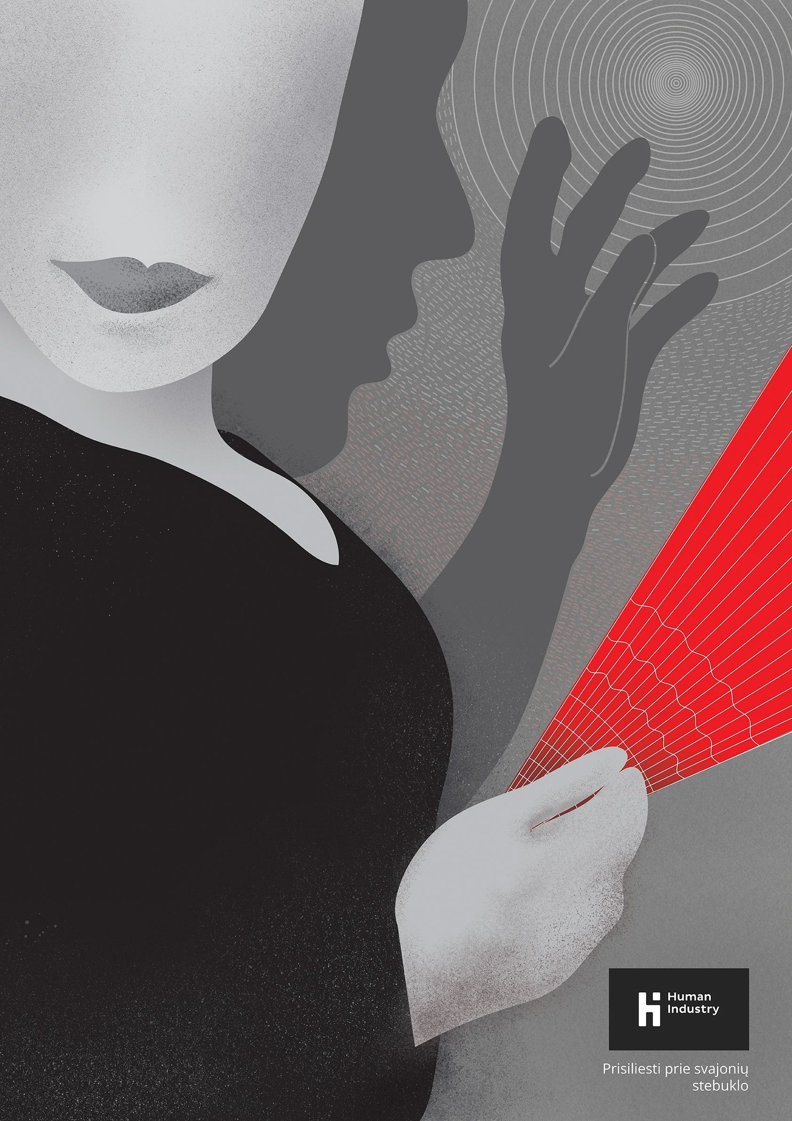 A stylized Human Industry illustration of a person reaching toward a vivid red fan of fine geometric lines. A raised dark hand, concentric circles, and textured grey patterns create a sense of movement and aspiration. The bright red shape stands out dramatically against the monochrome background. Poster text: “Human Industry. To touch the wonder of dreams.”