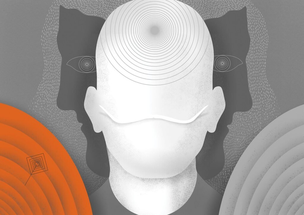 A stylized Human Industry illustration with a large white face at the centre, surrounded by two dark profiles facing inward. Concentric circles cover the central forehead and appear inside eye-like shapes, creating a sense of focus and observation. Fine textured marks frame the figures, while large orange and grey circular forms enter from the lower corners.