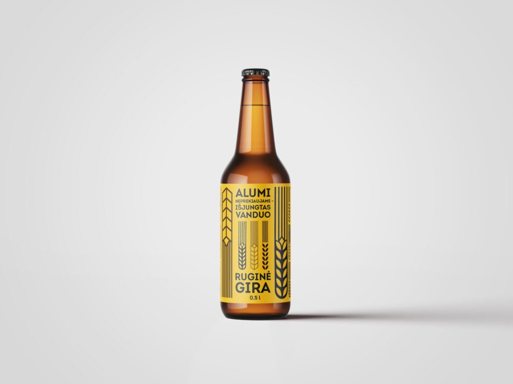 An amber bottle of rye kvass with a yellow label featuring stylized grain illustrations and the title “No Beer for Sale — The Water’s Been Cut Off.”