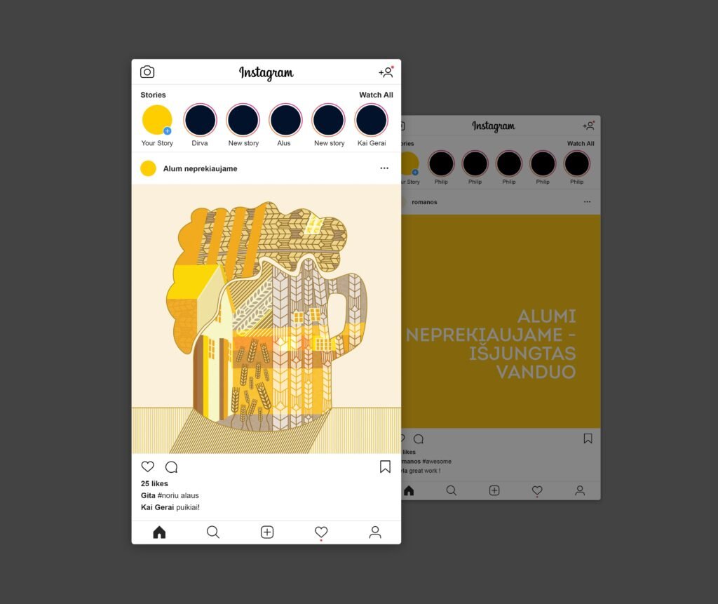 Mock-ups of Instagram posts showcase the visual identity of “No Beer for Sale — The Water’s Been Cut Off,” using yellow, gold, and geometric grain illustrations.