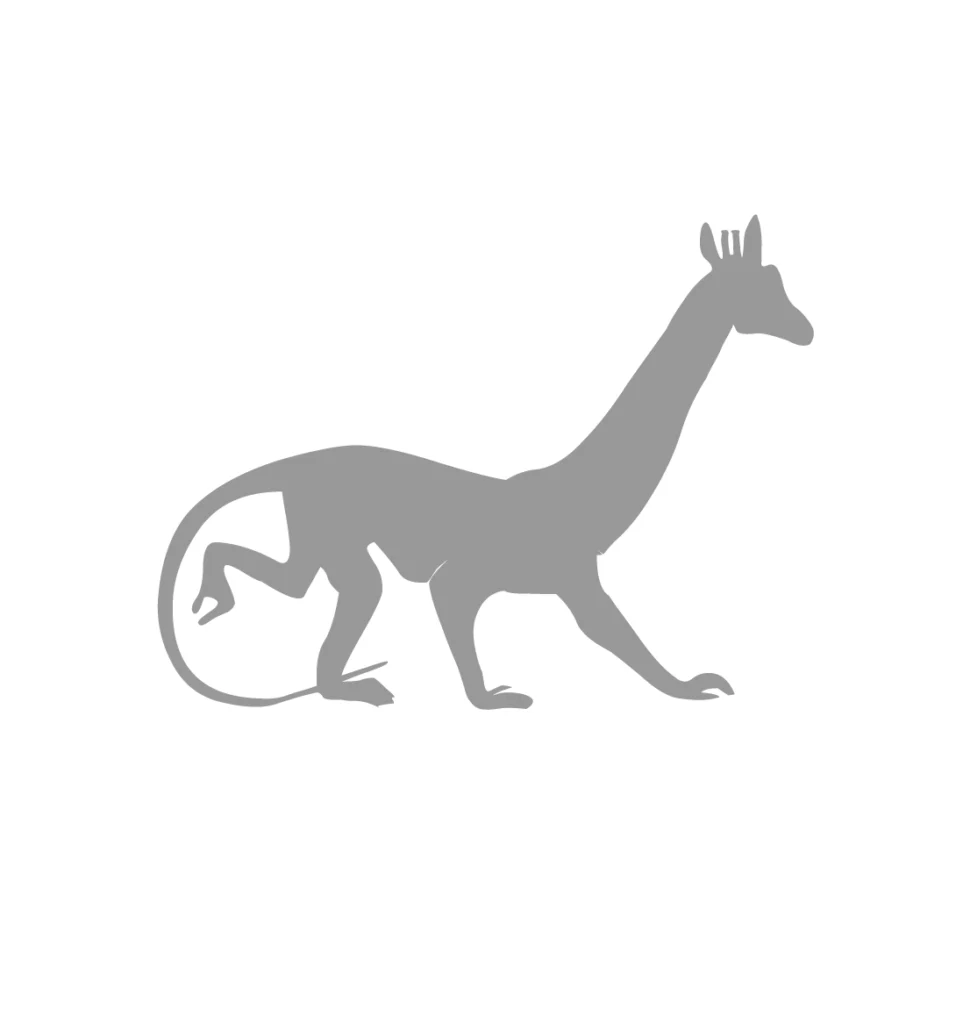 Minimalist grey silhouette of an imaginary animal combining a giraffe-like long neck and head with a low, four-legged body and a long curled tail, centered on a white background.
