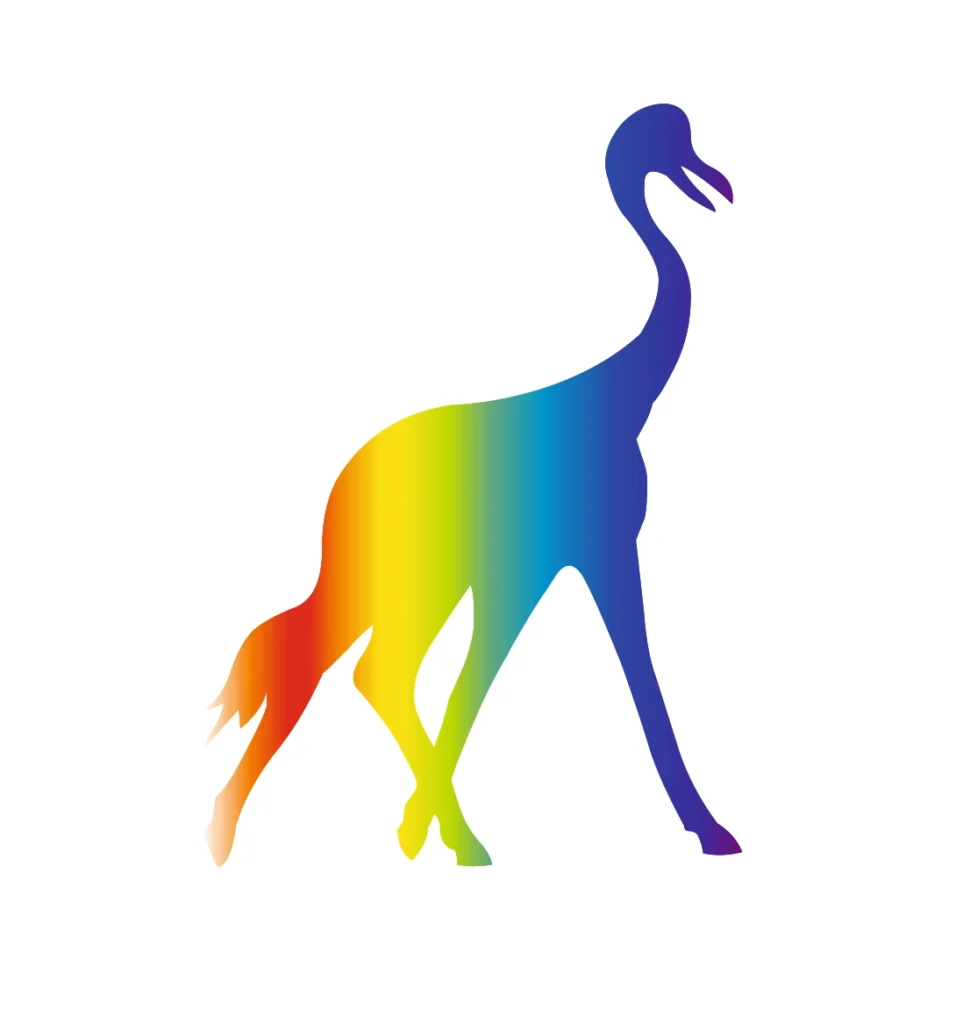 Stylized long-necked fantasy animal filled with a rainbow gradient from orange and yellow through green and blue to violet, standing against a white background.