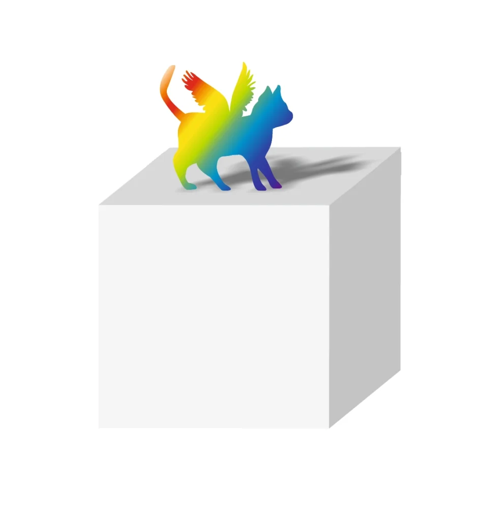 Rainbow-colored silhouette of a winged cat standing on top of a large white cube. The cat casts a soft grey shadow across the cube.