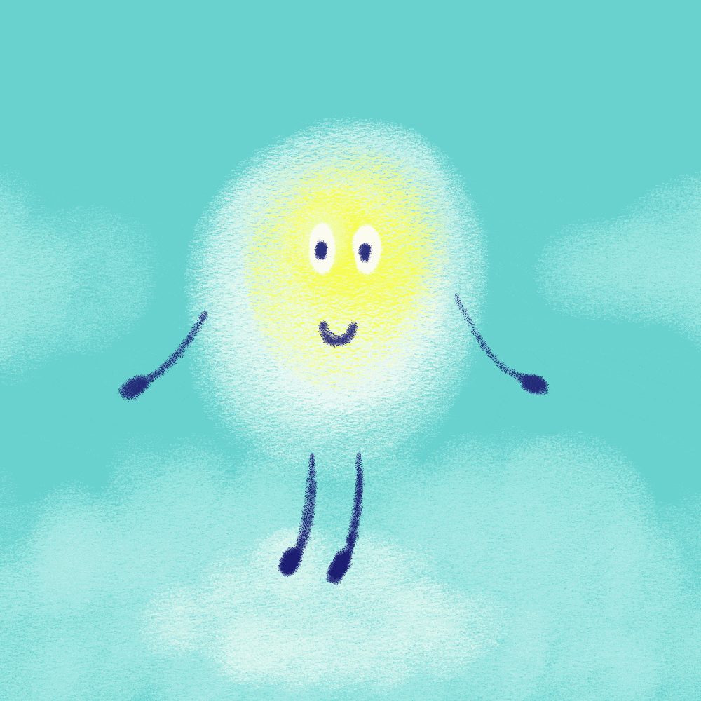 Floating and waving with the arm, Little Spark, a cheerful glowing yellow character with a soft white halo, simple blue arms and legs, and a smiling face.