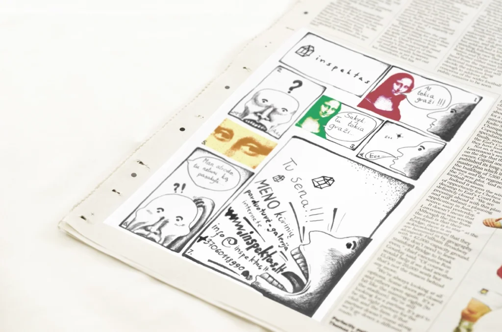 Black-and-white comic-style Inspektas advertisement printed on a newspaper page, using repeated faces, speech bubbles, geometric logos and a large promotional panel for the online art gallery. Some handwritten Lithuanian text and contact details are visible, but several smaller lines are not legible at this resolution.