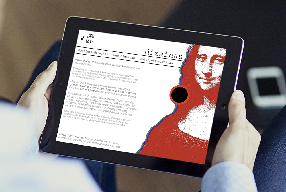 Person holding a tablet displaying an Inspektas website page headed “Design”. Navigation links include “Graphic Design”, “Web Design” and “Interior Design”. A red-and-white treatment of the Mona Lisa appears on the right with a black circle outlined in red.