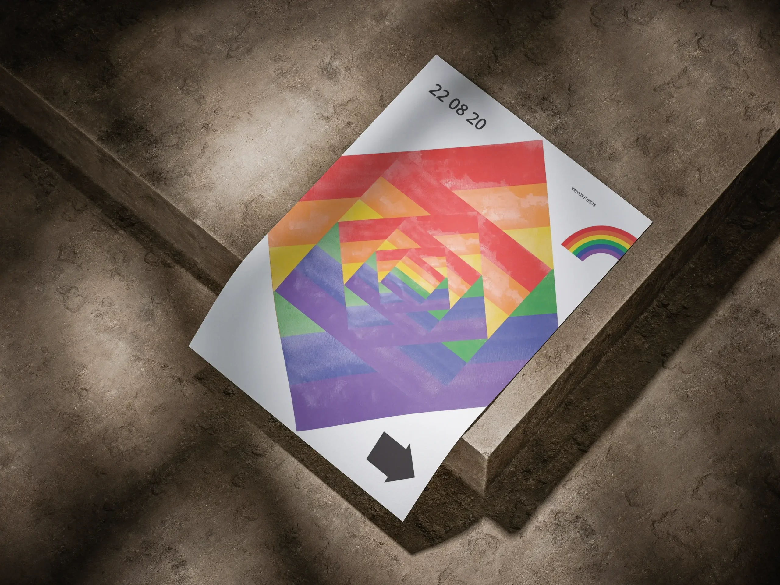 “Rainbow” exhibition poster lying on concrete steps in sunlight. The poster features a tunnel-like geometric rainbow composition, the date “22 08 20,” a small rainbow symbol, the text “VAIVOS RYKŠTĖ,” and a black arrow pointing downward.