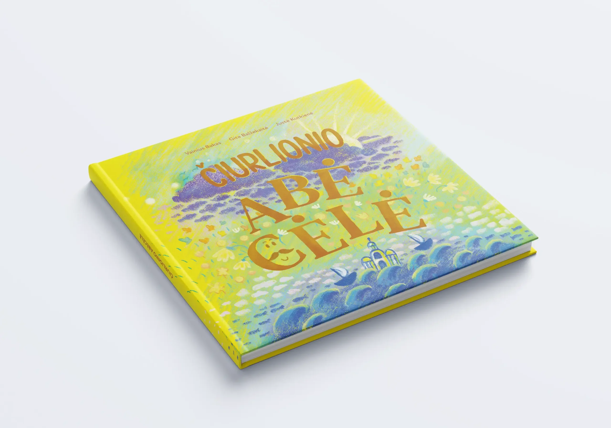 Čiurlionis ABC children’s book with a bright yellow illustrated cover inspired by the colours and imagery of M. K. Čiurlionis.